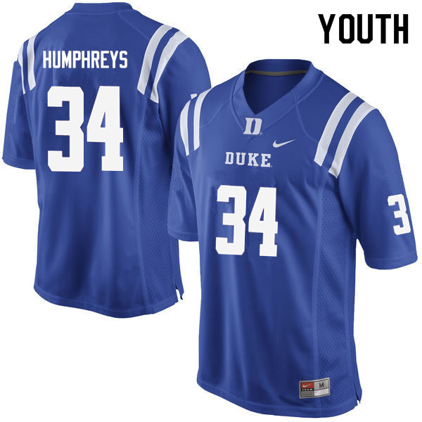 Youth #34 Ben Humphreys Duke Blue Devils College Football Jerseys Sale-Blue - Click Image to Close